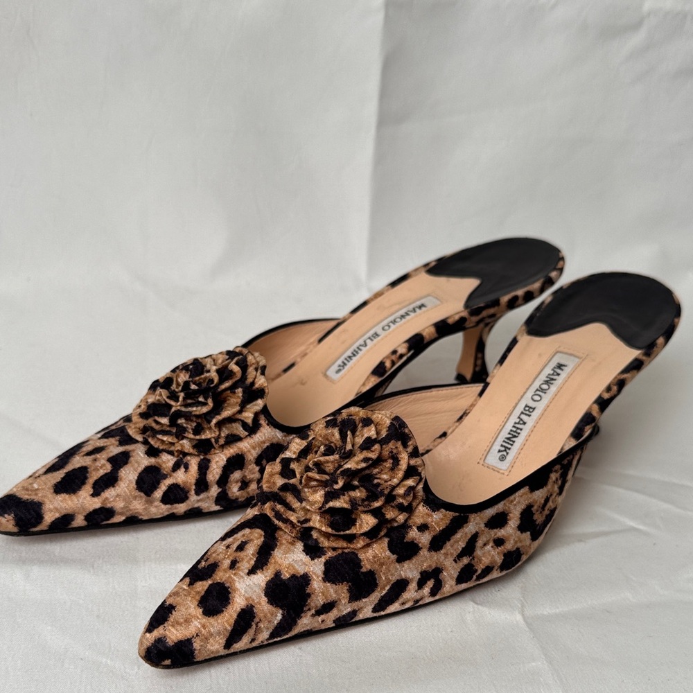 Manolo Blahnik Leopard Print Kitten Heels With Crepe Flowers